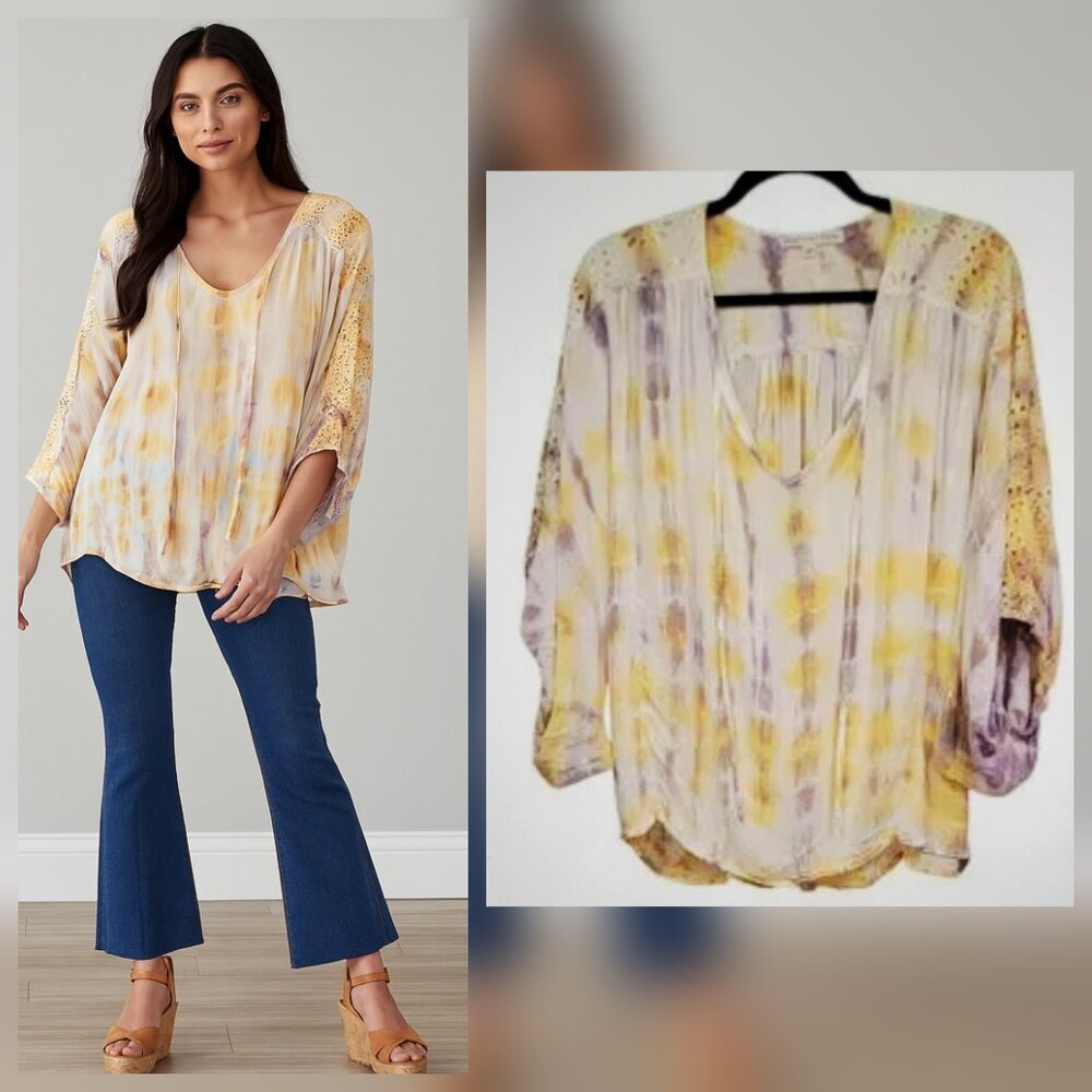 Young Fabulous & Broke Eyelet Poet Peasant Boho Top Violet Jupiter Tie Dye Sz M